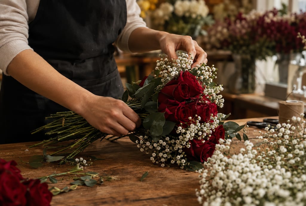 Mãos da florista montando um buquê de rosas vermelhas com mosquitinho