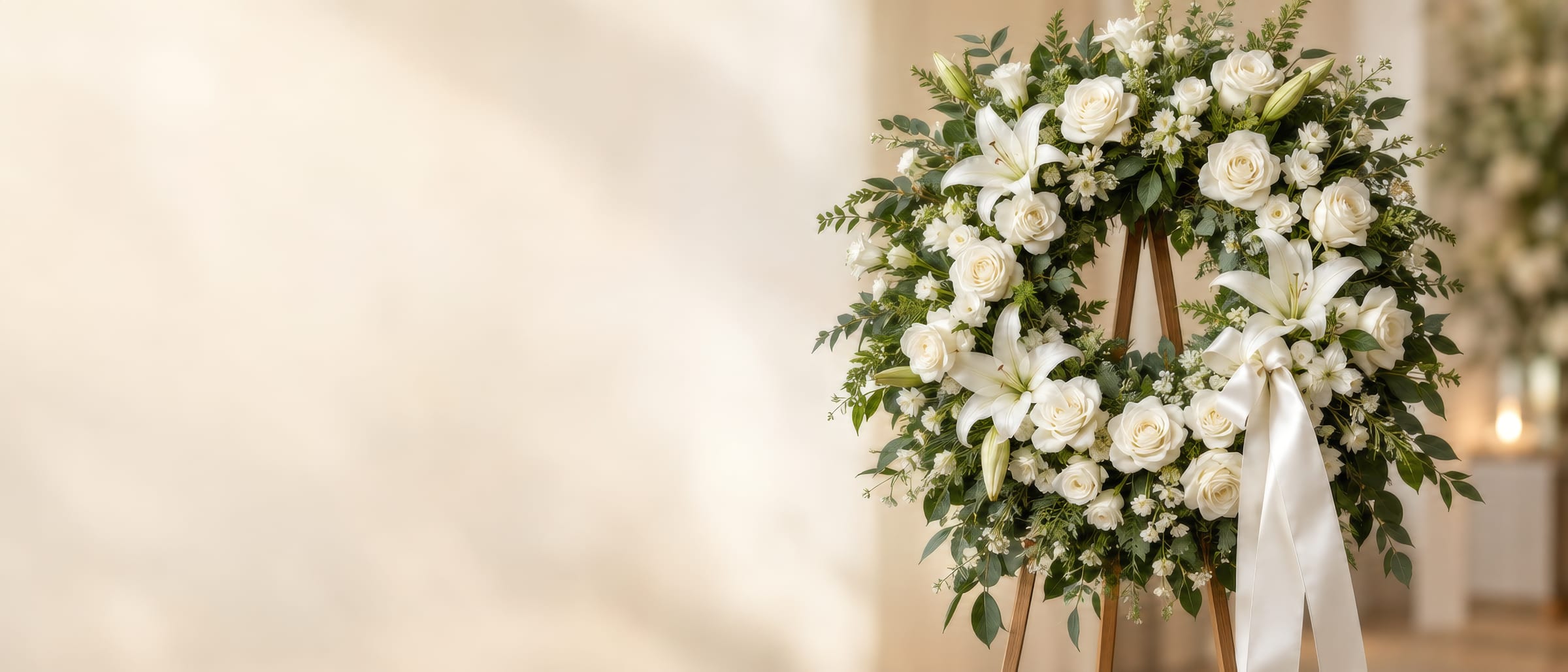 Coroa de flores brancas com rosas, lírios e folhagens sobre cavalete, com fita de cetim branca